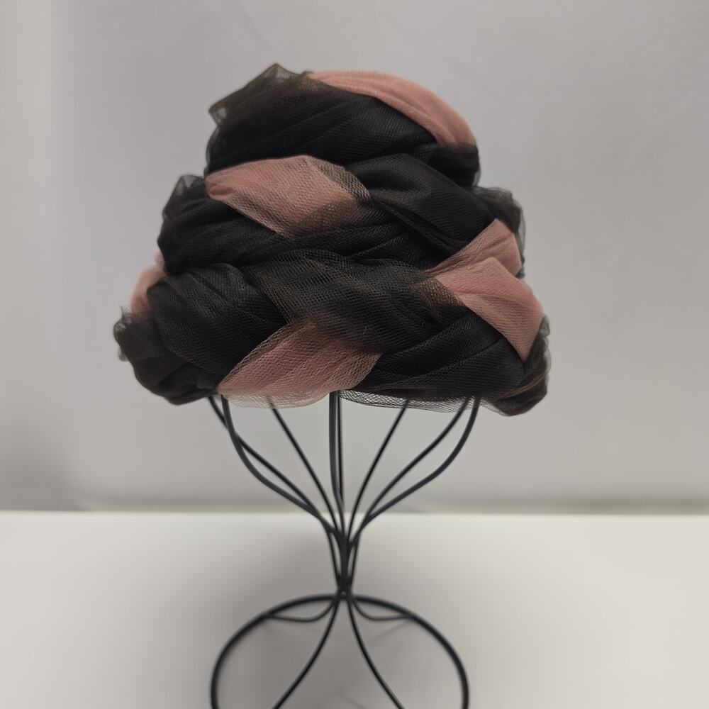 60s Jan Leslie Custom Design Mauve Pink Black Mesh Netting Beehive Formal Hat